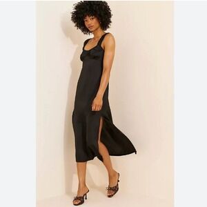 NWT‎ Anthropologie Black Satin Slip Midi Dress Y2K Ruched 90s Holiday Party